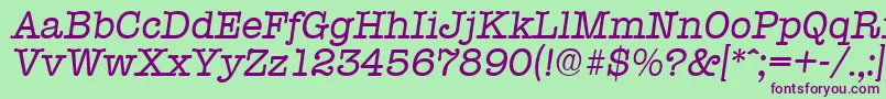 Fonte TypewriterSerialRegularitalicDb – fontes roxas em um fundo verde