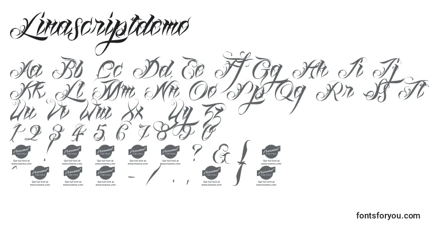 Schriftart Linascriptdemo – Alphabet, Zahlen, spezielle Symbole