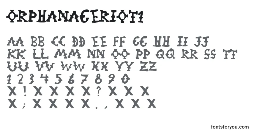 A fonte OrphanageRiot1 – alfabeto, números, caracteres especiais