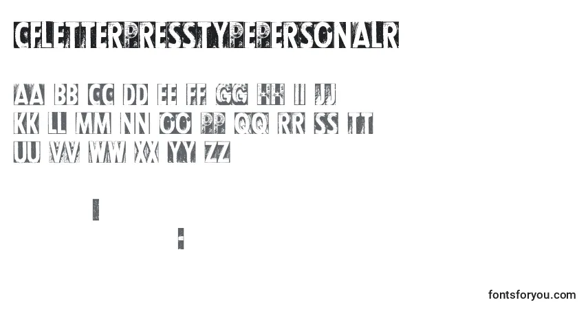 Czcionka CfletterpresstypepersonalR – alfabet, cyfry, specjalne znaki