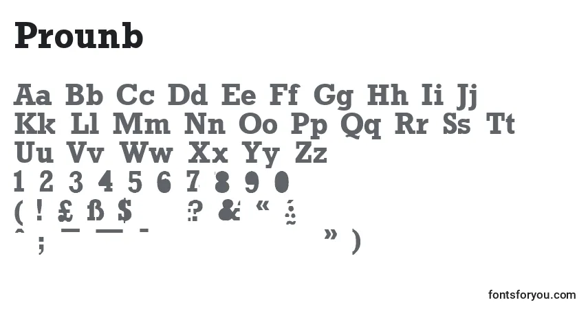 Schriftart Prounb – Alphabet, Zahlen, spezielle Symbole