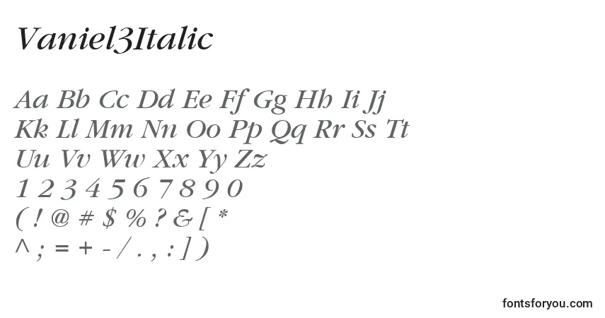 Schriftart Vaniel3Italic – Alphabet, Zahlen, spezielle Symbole