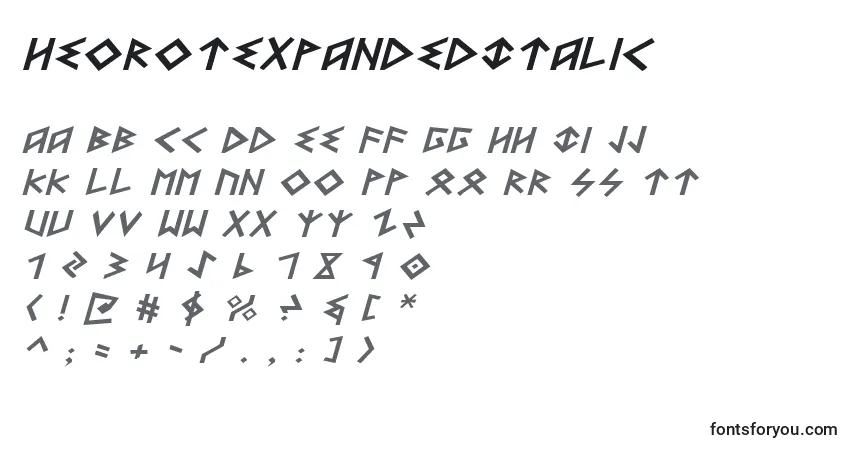 A fonte HeorotExpandedItalic – alfabeto, números, caracteres especiais