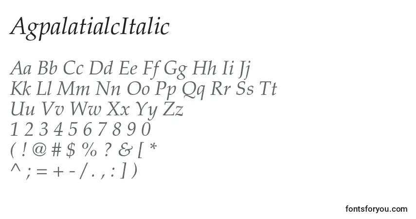 Schriftart AgpalatialcItalic – Alphabet, Zahlen, spezielle Symbole
