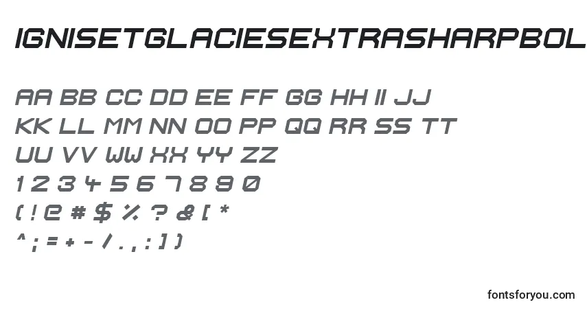 Czcionka IgnisEtGlaciesExtraSharpBolditalic – alfabet, cyfry, specjalne znaki