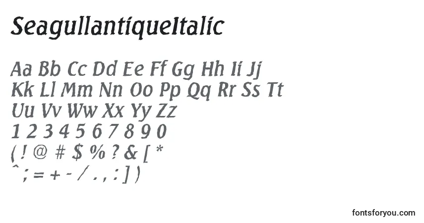 Шрифт SeagullantiqueItalic – алфавит, цифры, специальные символы