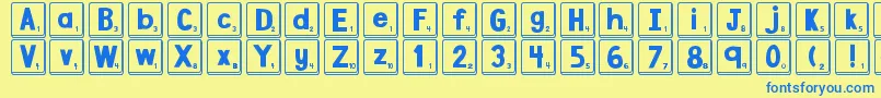 フォントDjbLetterGameTiles – 青い文字が黄色の背景にあります。