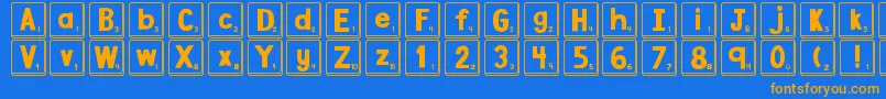 フォントDjbLetterGameTiles – オレンジ色の文字が青い背景にあります。