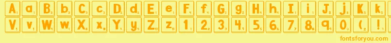 フォントDjbLetterGameTiles – オレンジの文字が黄色の背景にあります。