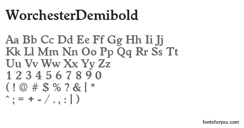 A fonte WorchesterDemibold – alfabeto, números, caracteres especiais