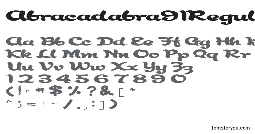 Czcionka Abracadabra91RegularTtext – alfabet, cyfry, specjalne znaki