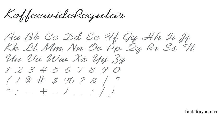 Schriftart KoffeewideRegular – Alphabet, Zahlen, spezielle Symbole