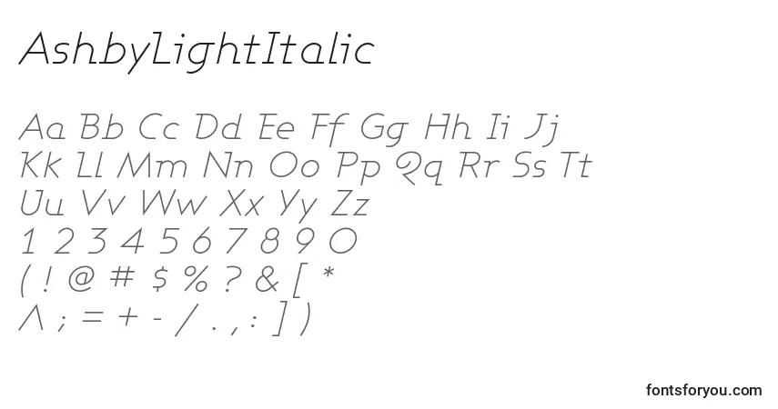 AshbyLightItalic Font – alphabet, numbers, special characters