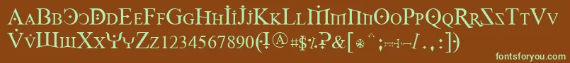 フォントFoy1reg – 緑色の文字が茶色の背景にあります。