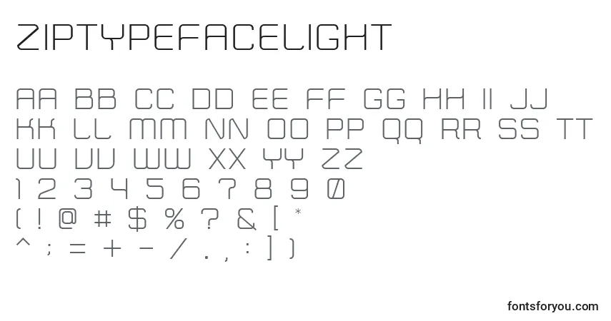 Czcionka ZipTypefaceLight – alfabet, cyfry, specjalne znaki