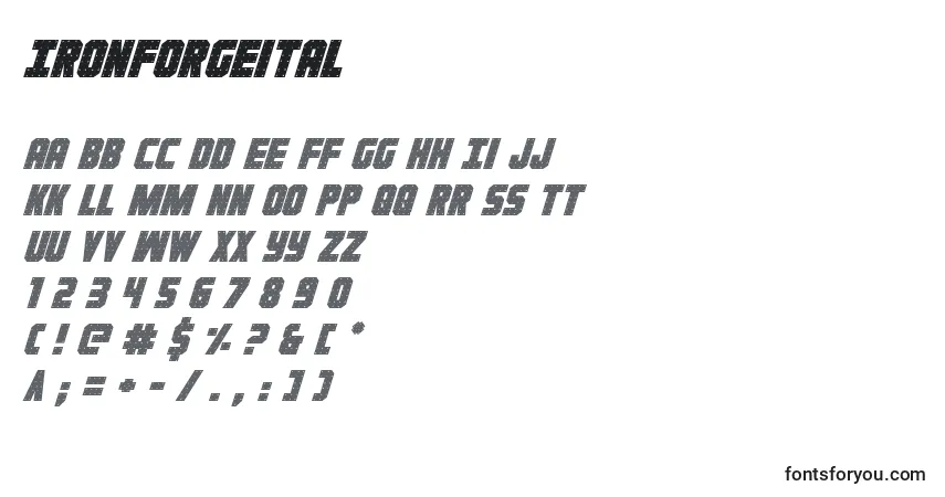 Schriftart Ironforgeital – Alphabet, Zahlen, spezielle Symbole