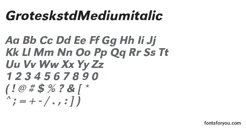 A fonte GroteskstdMediumitalic – alfabeto, números, caracteres especiais