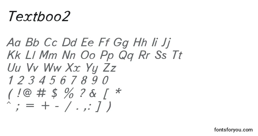 Schriftart Textboo2 – Alphabet, Zahlen, spezielle Symbole