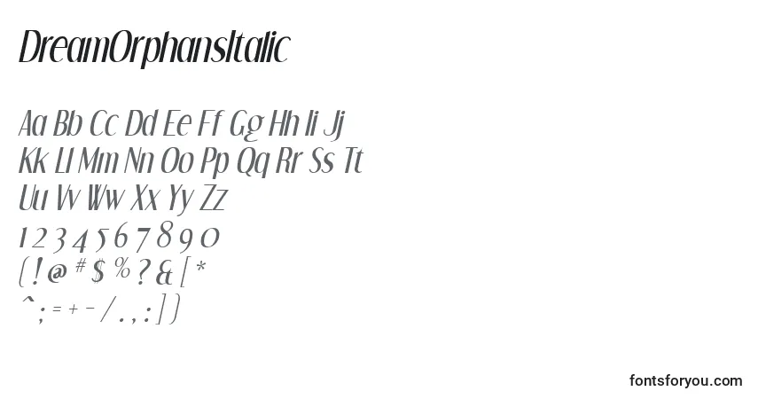 Schriftart DreamOrphansItalic – Alphabet, Zahlen, spezielle Symbole