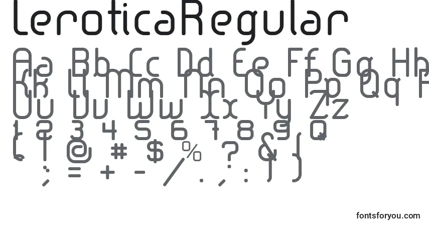 Czcionka LeroticaRegular – alfabet, cyfry, specjalne znaki
