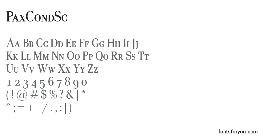 Czcionka PaxCondSc – alfabet, cyfry, specjalne znaki