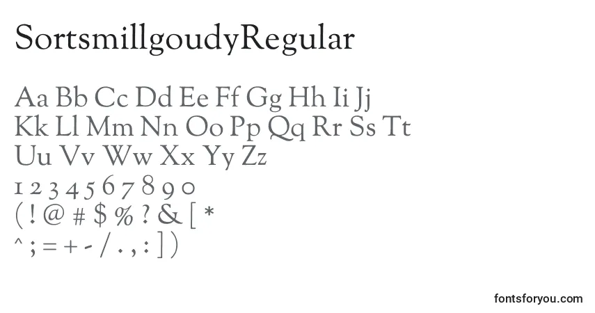 A fonte SortsmillgoudyRegular – alfabeto, números, caracteres especiais