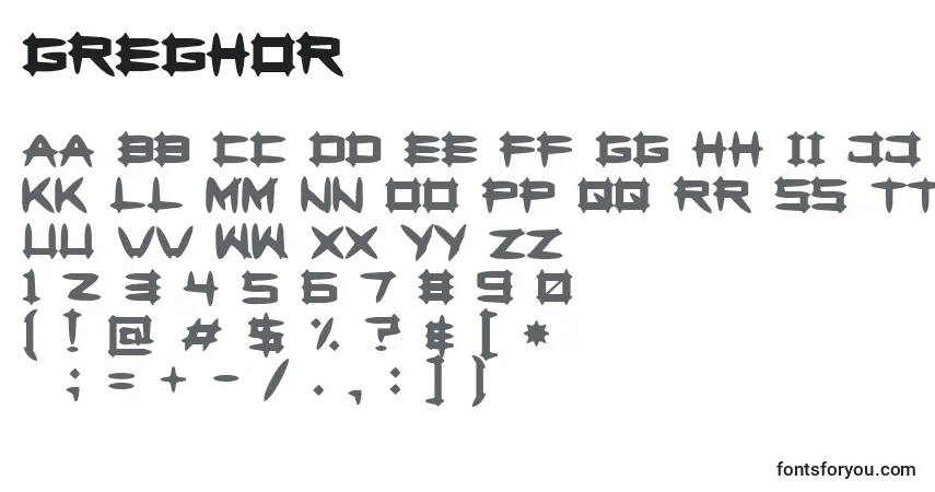 Czcionka Greghor – alfabet, cyfry, specjalne znaki