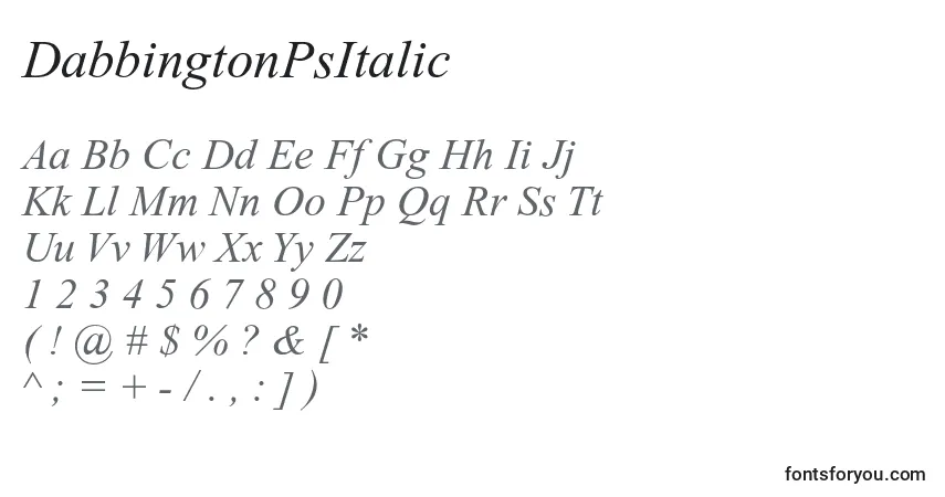 A fonte DabbingtonPsItalic – alfabeto, números, caracteres especiais