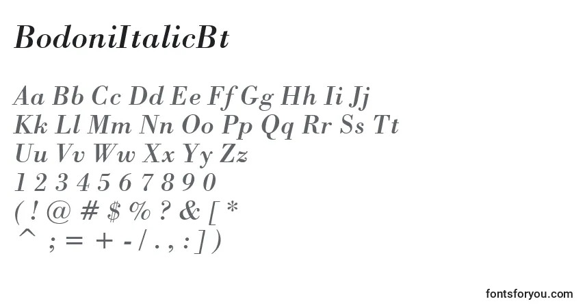 Шрифт BodoniItalicBt – алфавит, цифры, специальные символы