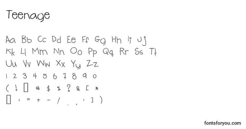 Czcionka Teenage – alfabet, cyfry, specjalne znaki