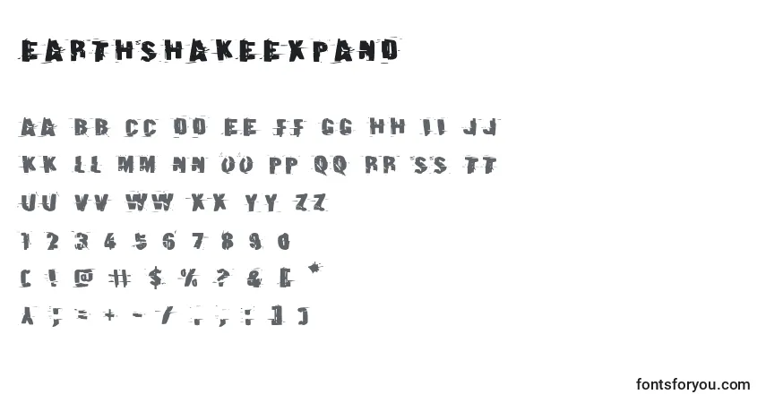A fonte Earthshakeexpand – alfabeto, números, caracteres especiais