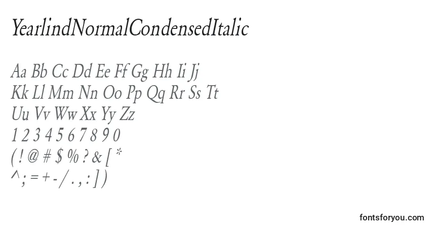 A fonte YearlindNormalCondensedItalic – alfabeto, números, caracteres especiais