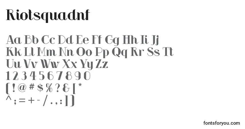 Czcionka Riotsquadnf – alfabet, cyfry, specjalne znaki