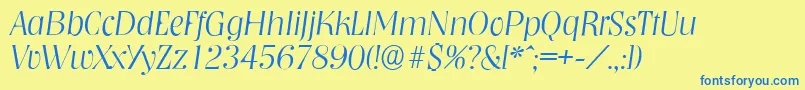 Fonte NashvilleserialXlightItalic – fontes azuis em um fundo amarelo