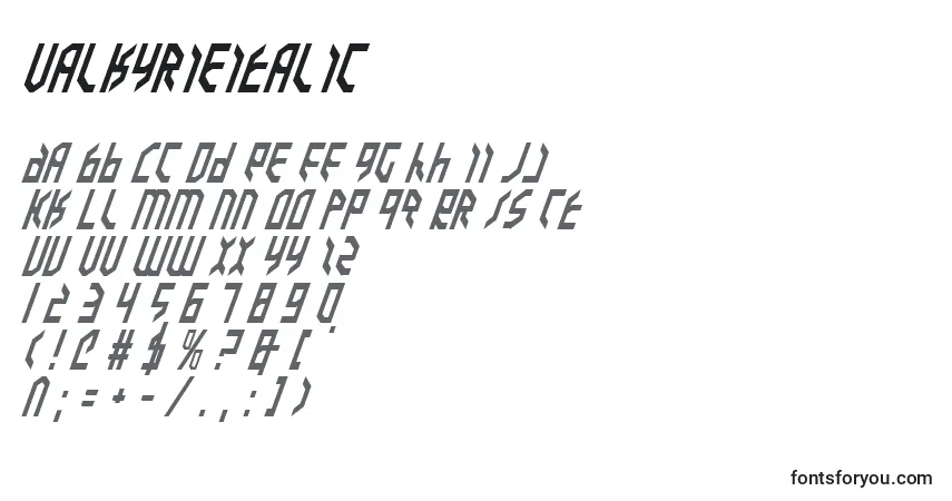 Czcionka ValkyrieItalic – alfabet, cyfry, specjalne znaki