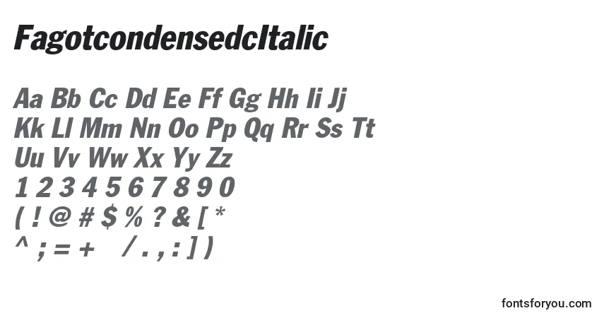 A fonte FagotcondensedcItalic – alfabeto, números, caracteres especiais