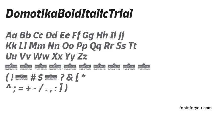 A fonte DomotikaBoldItalicTrial – alfabeto, números, caracteres especiais
