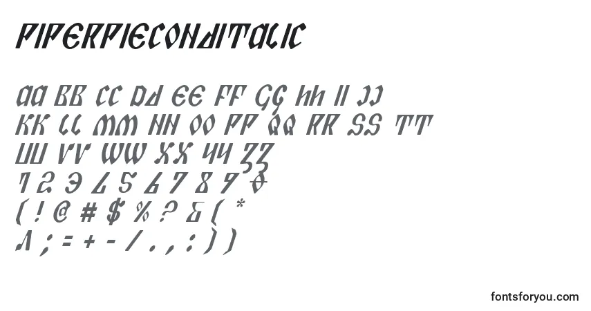 Шрифт PiperPieCondItalic – алфавит, цифры, специальные символы