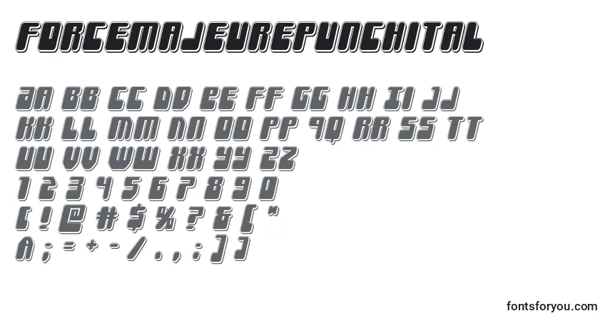 A fonte Forcemajeurepunchital – alfabeto, números, caracteres especiais
