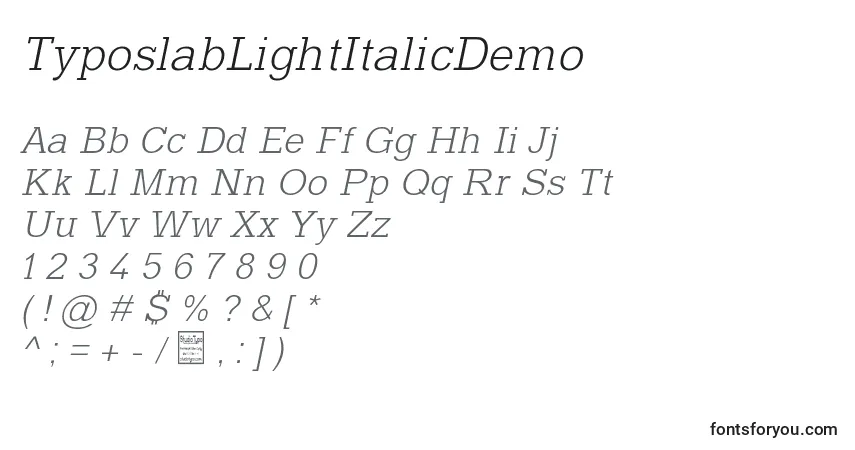 A fonte TyposlabLightItalicDemo – alfabeto, números, caracteres especiais