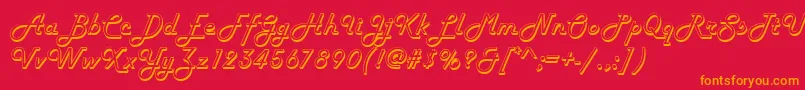HarrogateRegular-Schriftart – Orangefarbene Schriften auf rotem Hintergrund