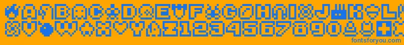 Bitsy-Schriftart – Blaue Schriften auf orangefarbenem Hintergrund