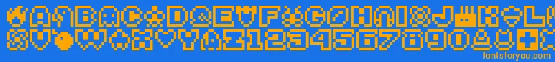 Bitsy-Schriftart – Orangefarbene Schriften auf blauem Hintergrund