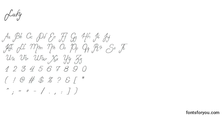A fonte Lady – alfabeto, números, caracteres especiais