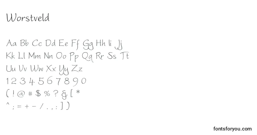 Worstveld (114634)-fontti – aakkoset, numerot, erikoismerkit