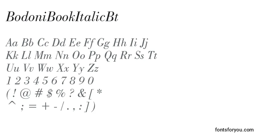 Шрифт BodoniBookItalicBt – алфавит, цифры, специальные символы