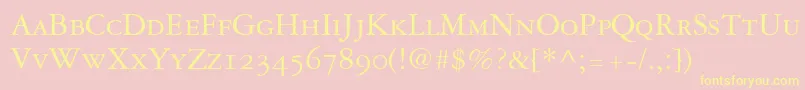 Fonte Garamond3SmallCapsOldStyleFigures – fontes amarelas em um fundo rosa