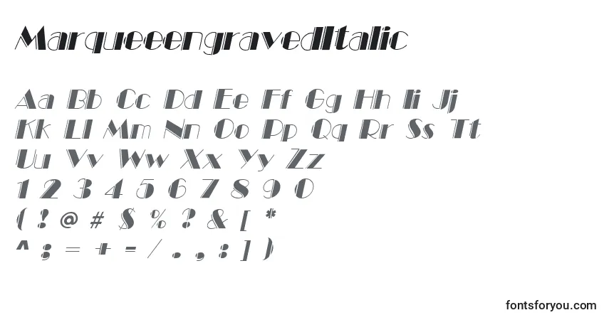 Шрифт MarqueeengravedItalic – алфавит, цифры, специальные символы
