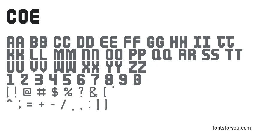 Czcionka Coe – alfabet, cyfry, specjalne znaki