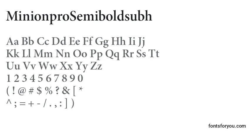 A fonte MinionproSemiboldsubh – alfabeto, números, caracteres especiais